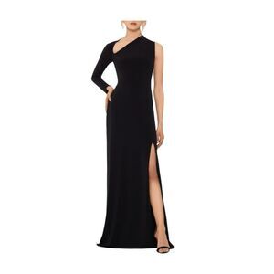 Betsy & Adam Asymmetric One Shoulder Evening Gown Black Crepe Maxi Dress 12